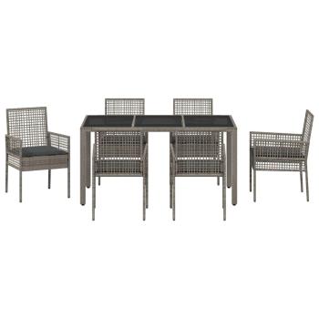 7-teilige Garten-Essgruppe mit Kissen Grau Poly Rattan