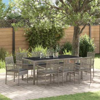 9-teiliges Gartentischset mit Kissen Grau Poly Rattan