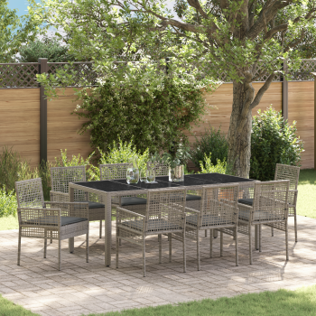 9-teiliges Gartentischset mit Kissen Grau Poly Rattan