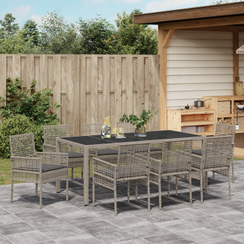 9-teiliges Gartentischset mit Kissen Grau Poly Rattan