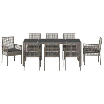 9-teiliges Gartentischset mit Kissen Grau Poly Rattan
