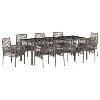9-teiliges Garten-Diningset mit Kissen Grau Poly Rattan