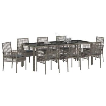 9-teiliges Garten-Diningset mit Kissen Grau Poly Rattan