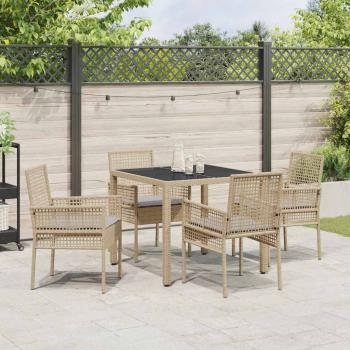 5-teiliges Garten-Esszimmer-Set mit Kissen Beige Poly Rattan