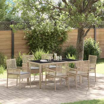 7-teiliges Garten-Dining-Set mit Kissen Beige Poly Rattan