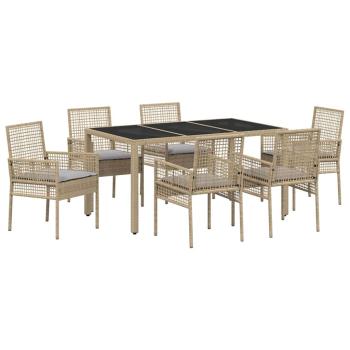 7-teiliges Garten-Dining-Set mit Kissen Beige Poly Rattan