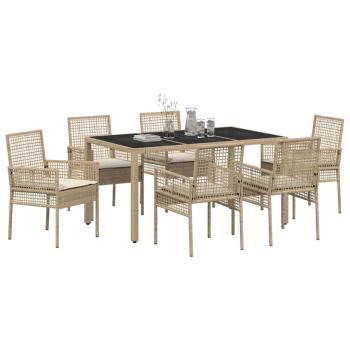7-teiliges Garten-Esszimmer-Set mit Kissen Beige Poly Rattan