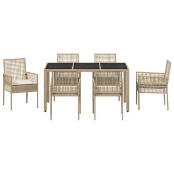 7-teiliges Garten-Esszimmer-Set mit Kissen Beige Poly Rattan