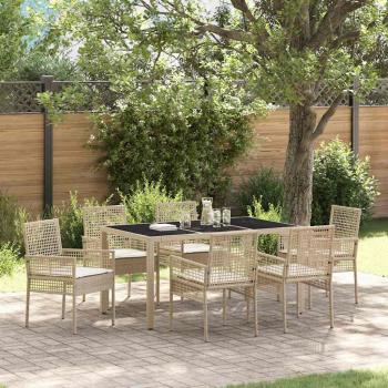 7-teiliges Garten-Esszimmer-Set mit Kissen Beige Poly Rattan