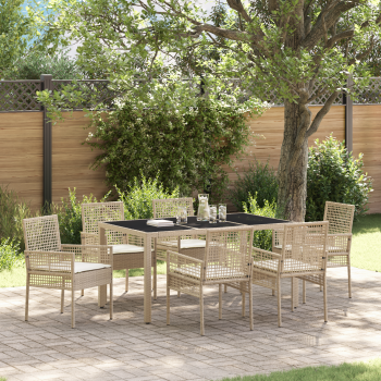 7-teiliges Garten-Esszimmer-Set mit Kissen Beige Poly Rattan