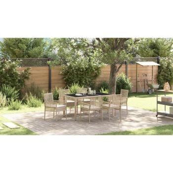 7-teiliges Garten-Esszimmer-Set mit Kissen Beige Poly Rattan