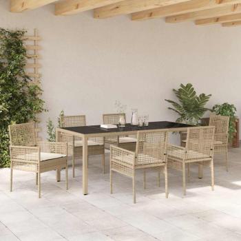 7-teiliges Garten-Esszimmer-Set mit Kissen Beige Poly-Rattan