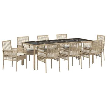 9-teiliges Garten-Esszimmer-Set mit Kissen Beige Poly-Rattan