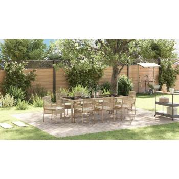 9-teiliges Garten-Esszimmer-Set mit Kissen Beige Poly-Rattan