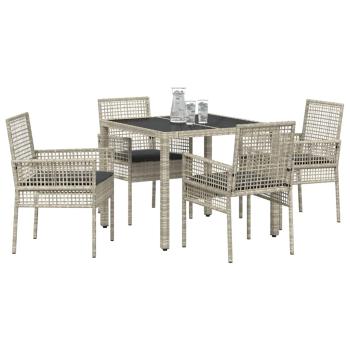 5-teiliges Garten-Esszimmer-Set mit Kissen in Hellgrau aus Poly-Rattan