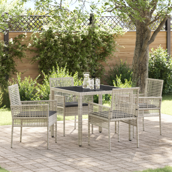 5-teiliges Garten-Esszimmer-Set mit Kissen in Hellgrau aus Poly-Rattan