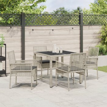 5-teiliges Garten-Esszimmer-Set mit Kissen in Hellgrau aus Poly-Rattan