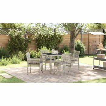 5-teiliges Garten-Esszimmer-Set mit Kissen in Hellgrau aus Poly-Rattan