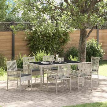 ARDEBO.de - 7-teiliges Garten-Esszimmer-Set mit Kissen in Hellgrau aus Poly-Rattan