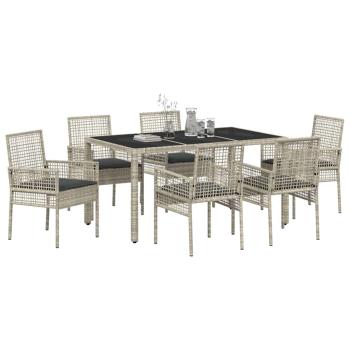 7-teiliges Garten-Esszimmer-Set mit Kissen in Hellgrau aus Poly-Rattan