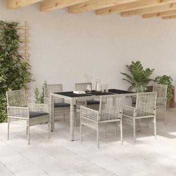 7-teiliges Garten-Esszimmer-Set mit Kissen in Hellgrau aus Poly-Rattan