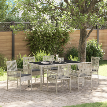 7-teiliges Garten-Esszimmer-Set mit Kissen in Hellgrau aus Poly-Rattan
