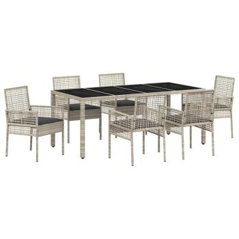 7-teiliges Garten-Esszimmer-Set mit Kissen in Hellgrau aus Poly-Rattan