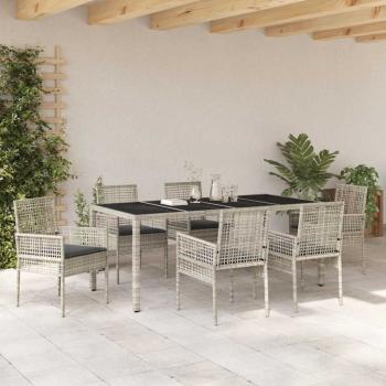 7-teiliges Garten-Esszimmer-Set mit Kissen in Hellgrau aus Poly-Rattan