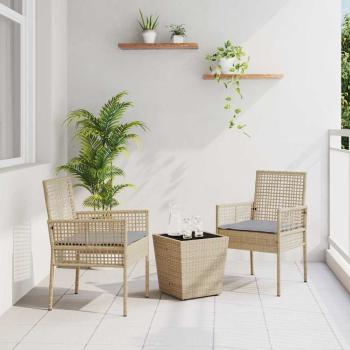 ARDEBO.de - 3-teiliges Garten Bistro Set mit Kissen Beige Poly Rattan