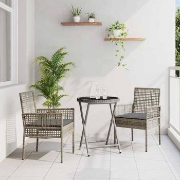 ARDEBO.de - 3-teiliges Garten Bistro Set mit Kissen Grau Poly Rattan