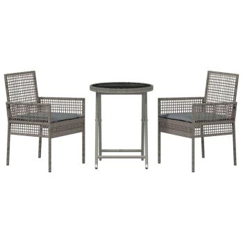 3-teiliges Garten Bistro Set mit Kissen Grau Poly Rattan