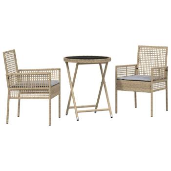 3-teiliges Garten Bistro Set mit Kissen Beige Poly Rattan