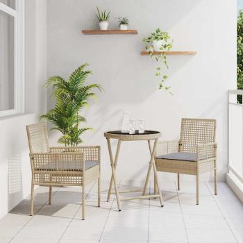 3-teiliges Garten Bistro Set mit Kissen Beige Poly Rattan
