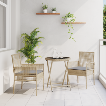 3-teiliges Garten Bistro Set mit Kissen Beige Poly Rattan
