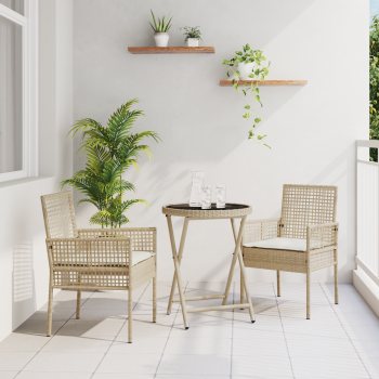 3-teiliges Garten-Bistro-Set mit Kissen Beige Poly-Rattan