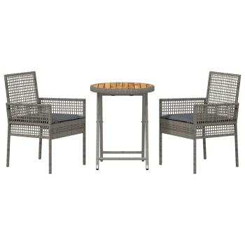 3-teiliges Garten Bistro Set mit Kissen Grau Poly Rattan