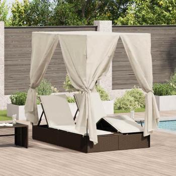 ARDEBO.de - Doppelliege mit Dach und Vorhängen Braun Poly Rattan
