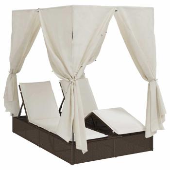 Doppelliege mit Dach und Vorhängen Braun Poly Rattan