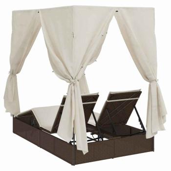 Doppelliege mit Dach und Vorhängen Braun Poly Rattan