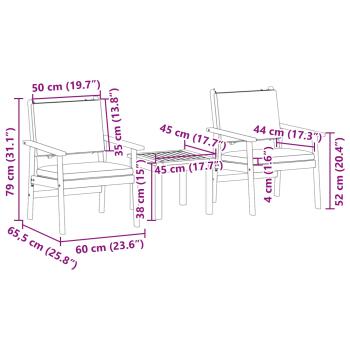3-teiliges Garten-Bistro-Set mit Kissen aus massivem Akazienholz