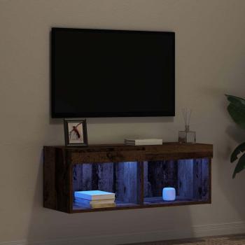 TV-Wandregal mit LED-Lichtern aus altem Holz 80x30x30 cm