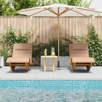 Sonnenliege Set aus 2 Beige Holz und gepolsterter Stoff Groß