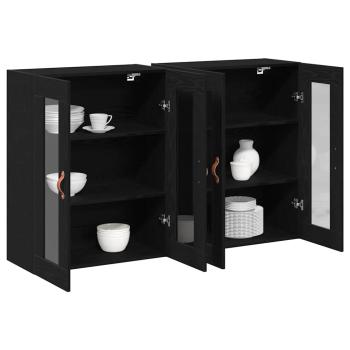 Wandmontierter Schrank Set aus 2 Schwarze Eiche Massivholz, Glas