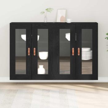 Wandmontierter Schrank Set aus 2 Schwarze Eiche Massivholz, Glas