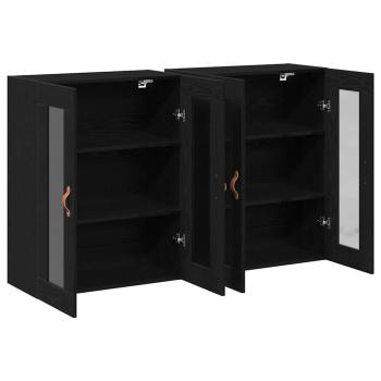 Wandmontierter Schrank Set aus 2 Schwarze Eiche Massivholz, Glas