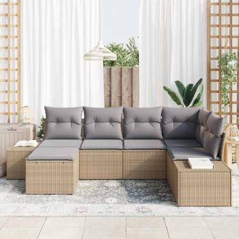 Garten-Sofa-Set 6-teilig Beige und Grau Rattan, Polyesterkissen