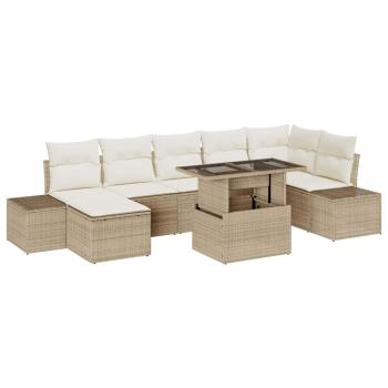 Garten-Sofa-Set 8-teilig Beige Rattan, Polyester, Glas Rechteckig