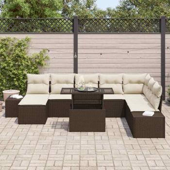 Garten-Sofa-Set 9 Teile Braun und Creme Rattan, Stoff