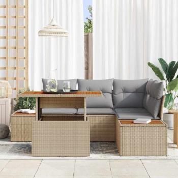Garten-Sofa-Set 5 Teile Beige und Grau Rattan und Polyesterkissen