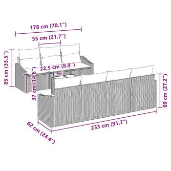 Garten Sofa Set 8-teilig Creme und Braun Rattan, Stoffkissen